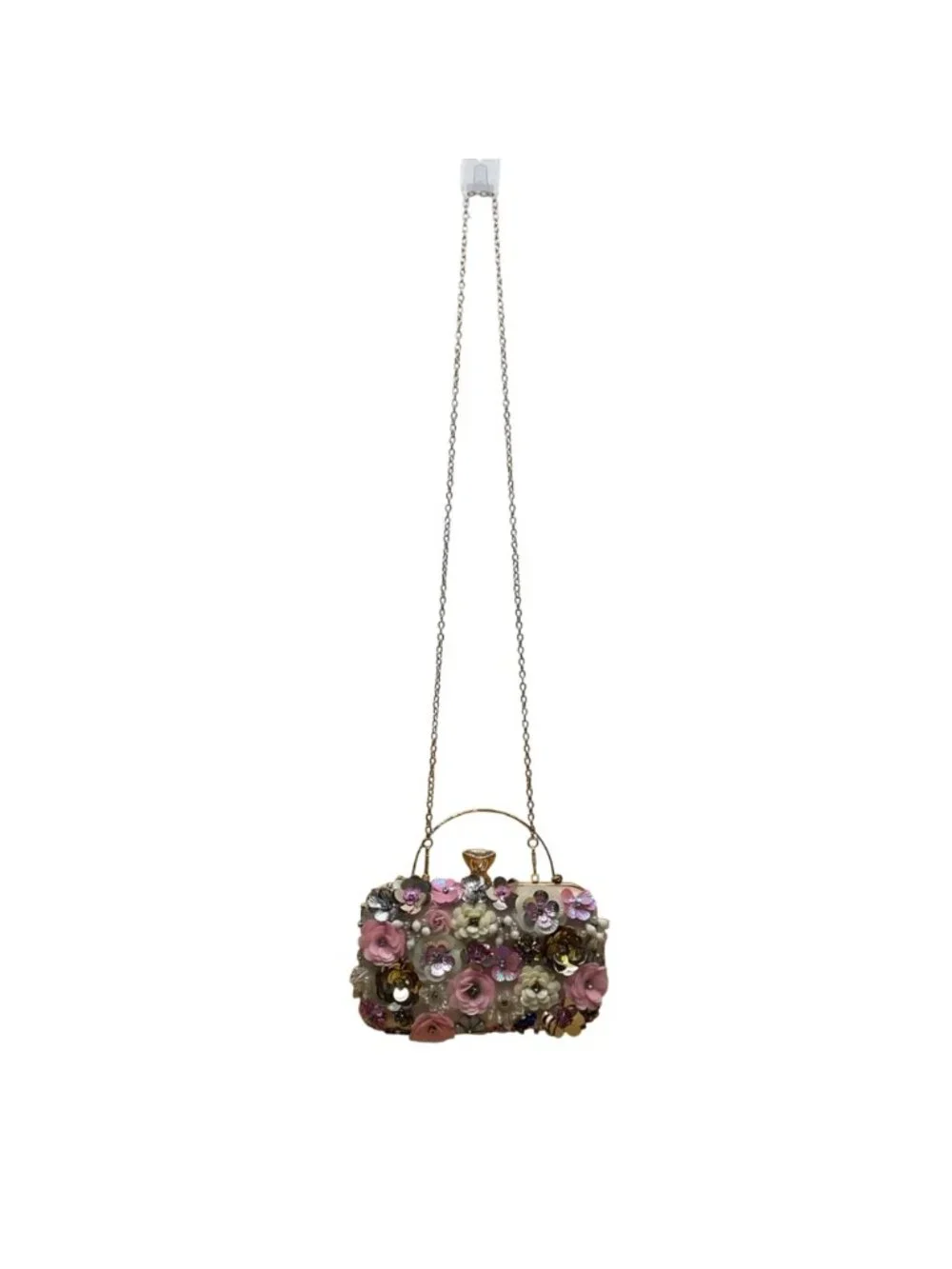 Women’s Pink Floral Embellishment With Chain Strap & Handle Clutch Purse